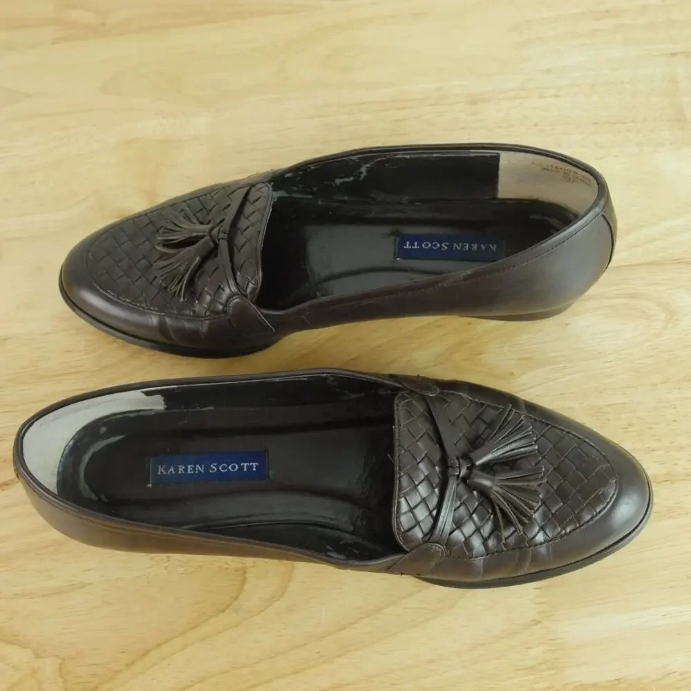 Vintage 8 Woven Leather Tassel‎ Loafers Preppy Slip On Flats Heritage Brown 90s